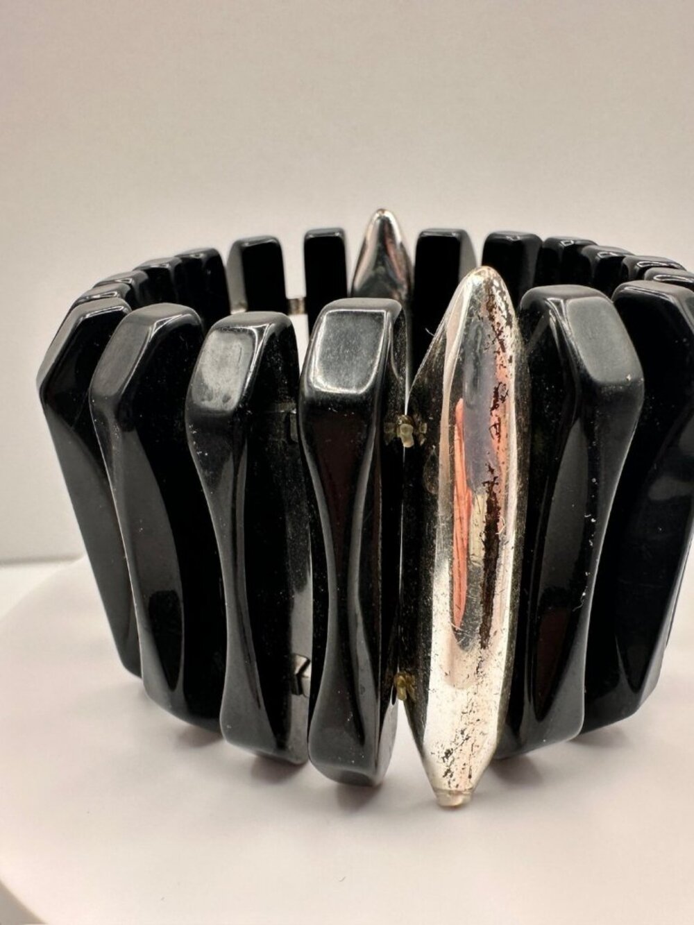 Vintage 80s 90s Black Beaded Stretch Bracelet Silver Tone Spacer Chunky Jewelry